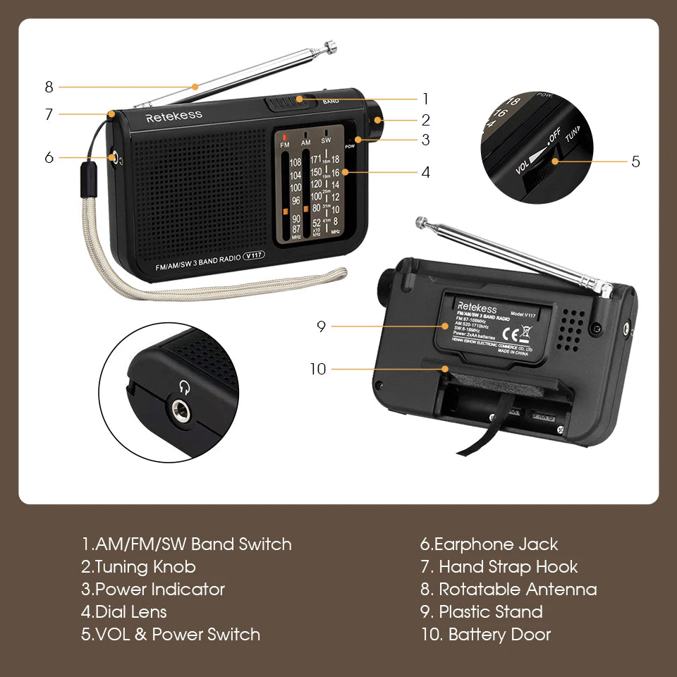 Retekess V117 Radio FM Portable Radios AM FM SW All Waves Radio Multiband Shortwave Full Band Radio Battery Operated