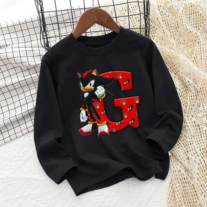 Sonics Kids Long Sleeves T-shirts Anime Print Letter Tee Spring Fall Thin Tops Cotton Children Crewneck Clothes Bottoming Shirt