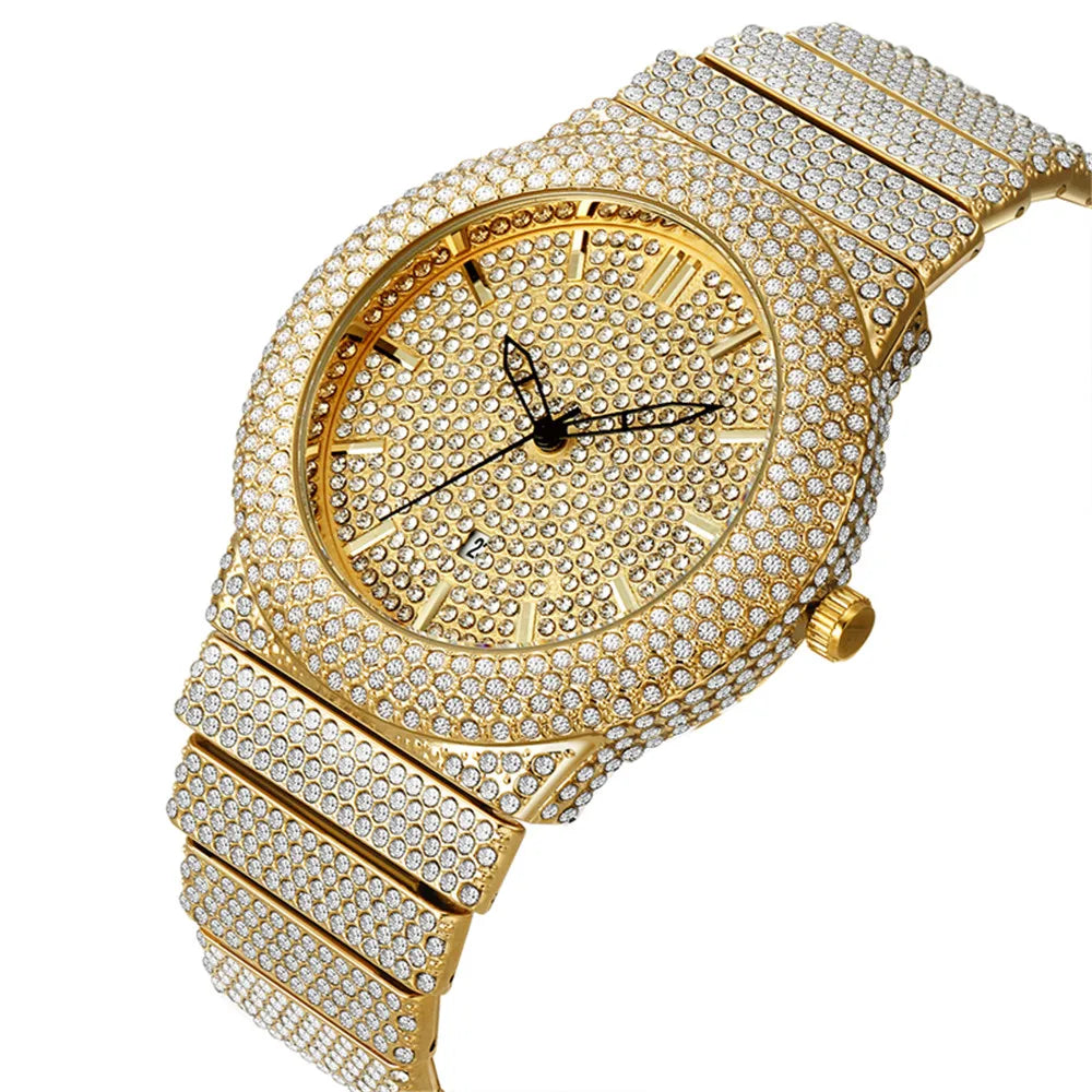 Big Brand Watches For Male Fashion Alloy Band Hip Hop Diamond Golden Date Quartz