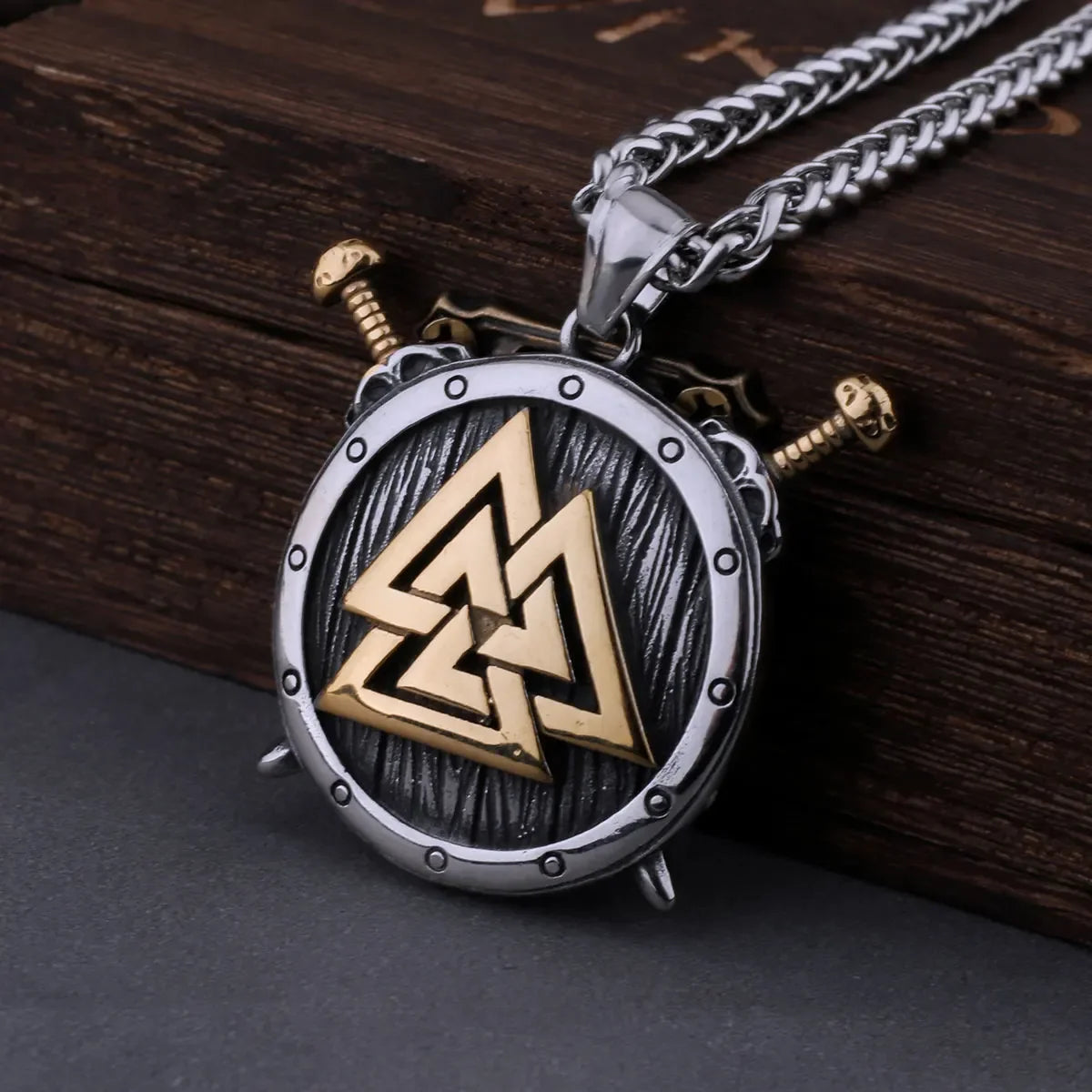 Stainless Steel Viking Valknut Sword Shield Necklace Mens Fashion Rune Amulet Pendant Necklace Vintage Nordic Jewelry Gift