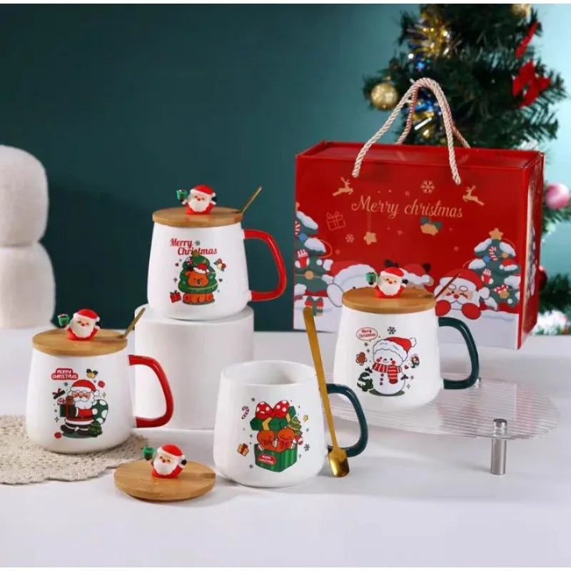 Cute Christmas gift mug with lid spoon High appearance level Santa elk ceramic mug with hand gift