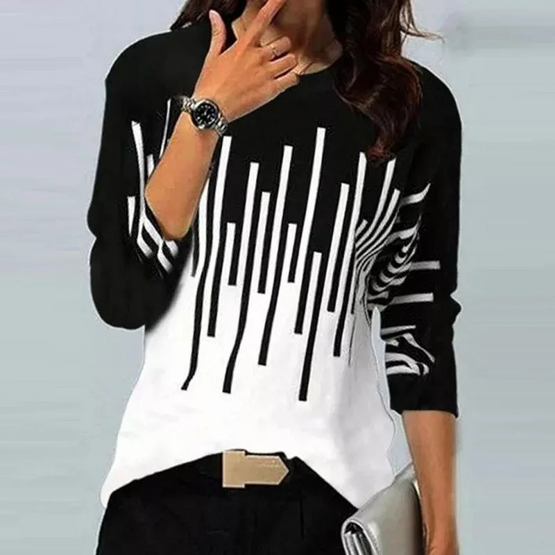 Women Winter Blouses T Shirt Geometric Contrast Long Full Sleeve Print Loose Women Shirts