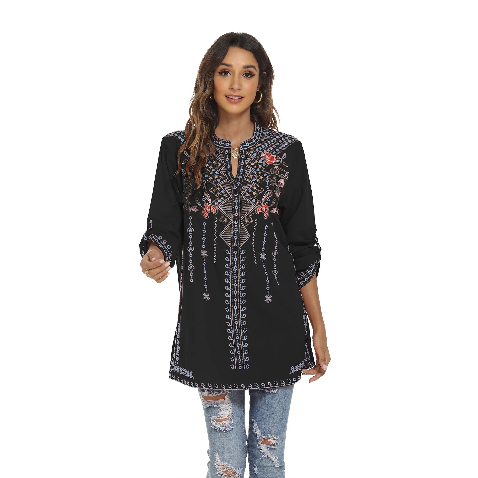 Eaeovni Embroidered Tops Long Sleeve Women's Mexican Boho Peasant Casual Loose Tunic Tops