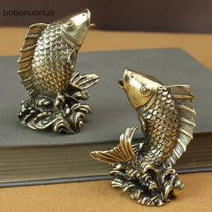 Solid Copper Koi Fish Figurines Miniatures Office Desktop Ornament Crafts Gifts