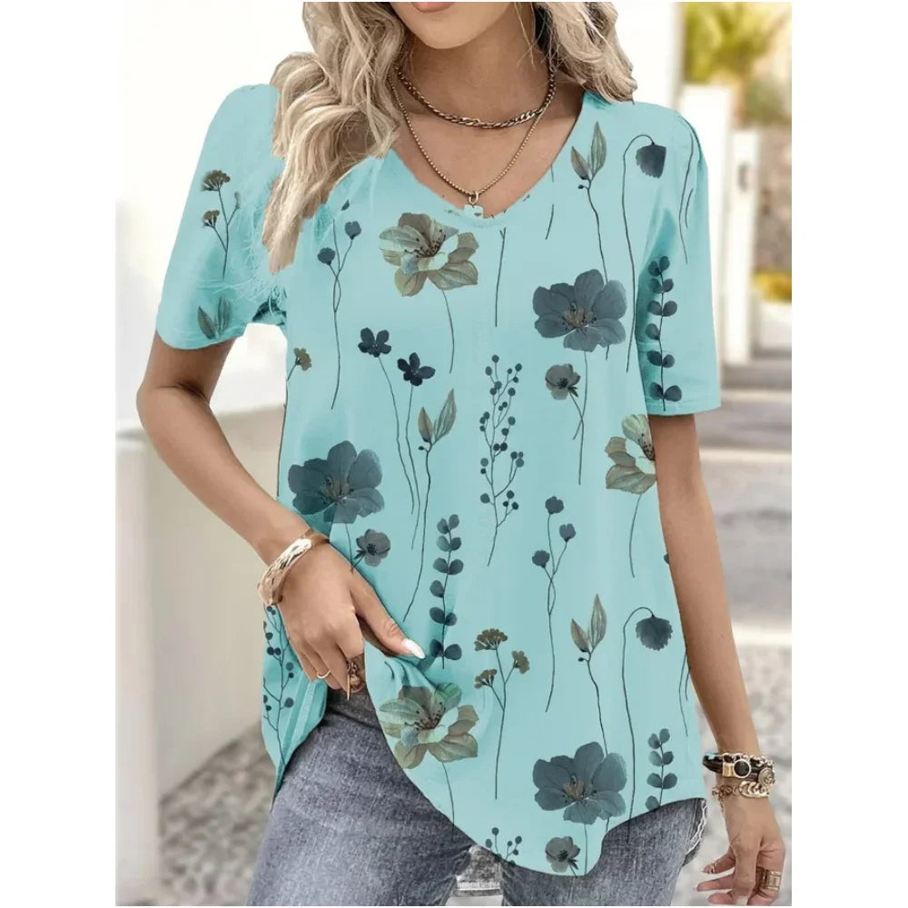 Women's T-Shirt Summer V-Neck Tee Loose Casual Top