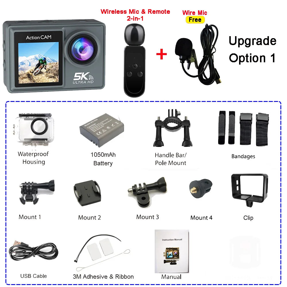 5K 4K60FPS Action Camera Dual IPS Touch LCD EIS 170° DVR 30M Waterproof 5X Zoom Sport Camera