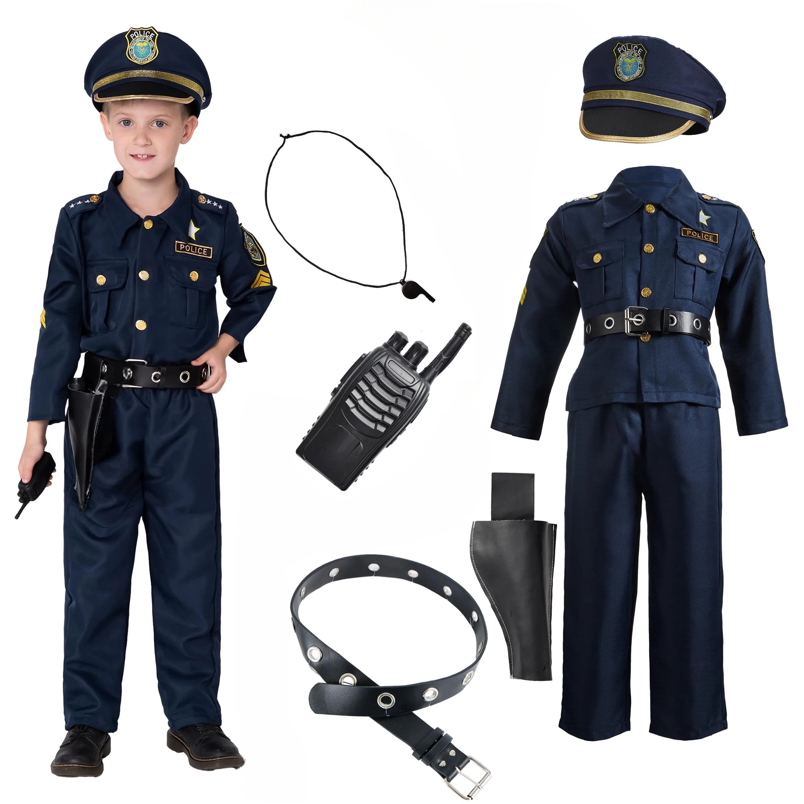 Boys Premium Quality Police Officer Costume Cop Uniform Play Set For Halloween Party Career Day Dress-up