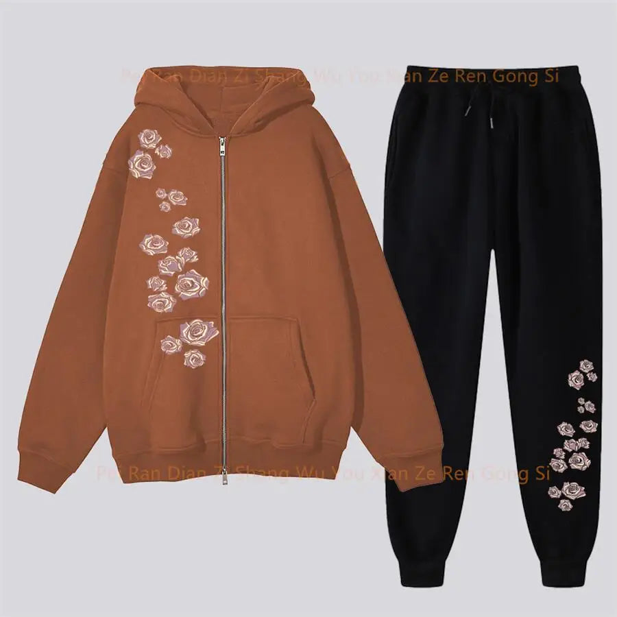 pants Sets Women's Hoodie and pants Two-piece Zipper High Quality Oversize Clothing Aesthetic Rose Graphic PrintFemale Tracksuit