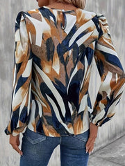 Allover Print Crew Neck Blouse Casual Long Lantern Sleeve Top For Spring & Fall Women's Clothing