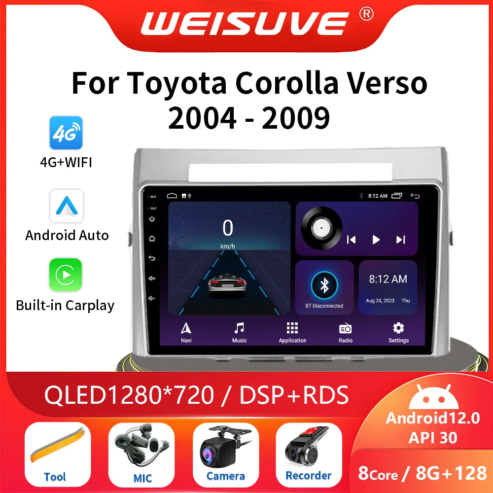 9" Android Car Radio for Toyota Corolla Verso AR10 2004-2009 Multimedia Player 2Din Carplay Video Stereo Headunit Audio Wifi 4G