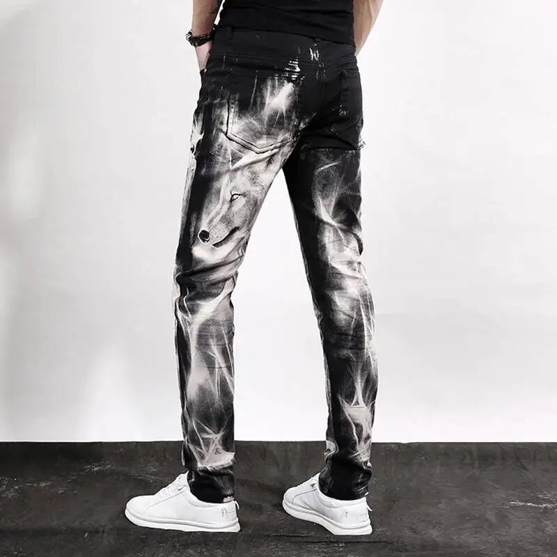 New Men's fashion wolf  printed jeans