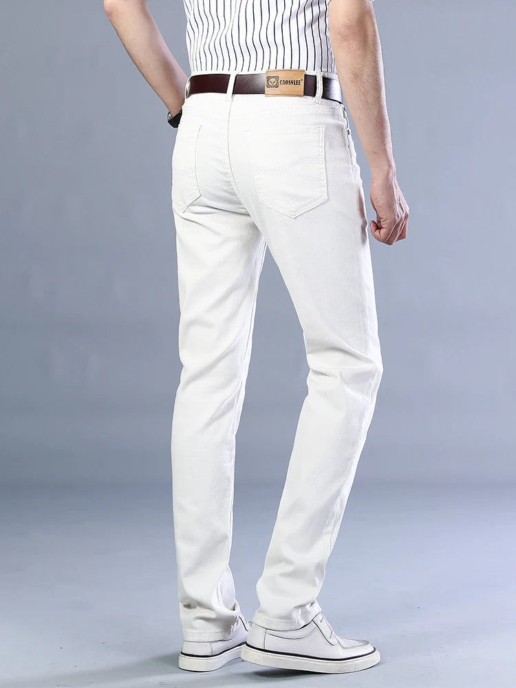 Autumn Classic Style Men's Slim White Jeans Business Casual Cotton Stretch Khaki Denim Pants