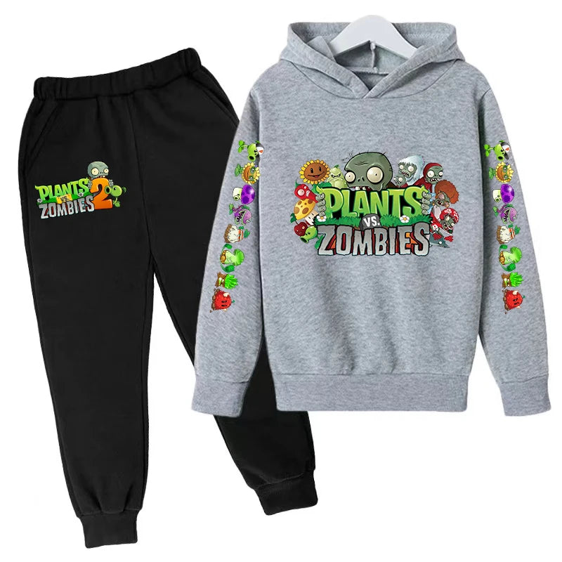 Kids Hooded Pullover Popular Game Plants vs. Monster Print Boys/Girls Top/Pants Clothing Set