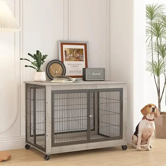 Wooden Dog Crate Table Furniture, Dog Kennel , Flip-up Top Opening and Wheels, Decorative Pet Crate  38.6"L x 25.2"W x 27.2"H