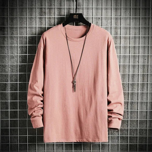 Harajuku Long Sleeve T Shirt Men Solid Color Cotton Soft O-Neck Basic Tops Tees