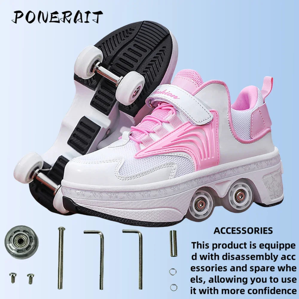 Child's 4-wheel Dual-purpose Roller Shoes Outdoor Kids Deformed Shoes With Wheels Fashion Parkour Sneakers For Girls From Gift