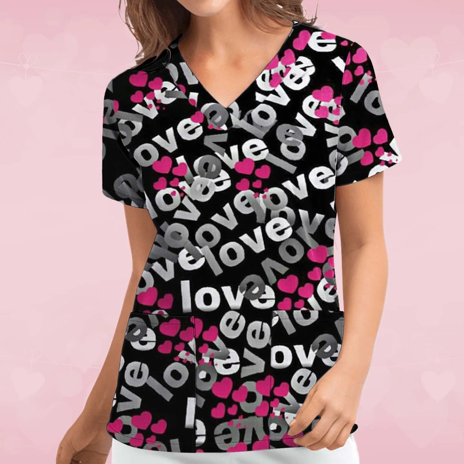 Short-sleeved Top For Nurses V-neck Women Valentine's Day Love Print Uniform Casual Women's Blouse