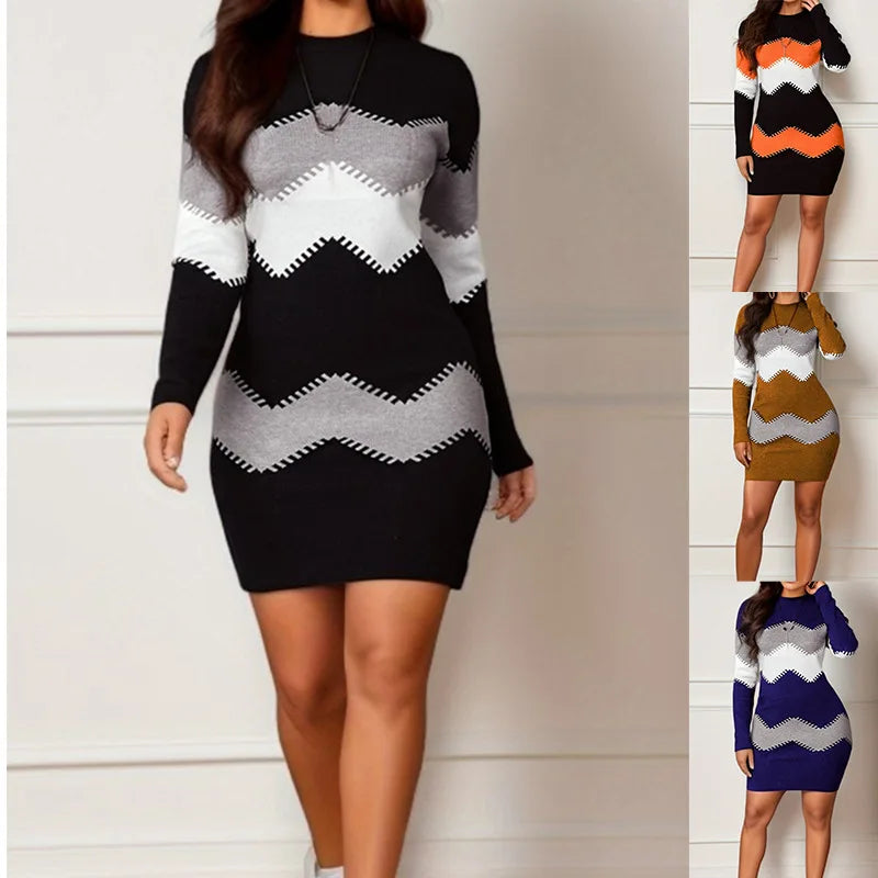 Autumn Women's Fashion Printed Knitted Dress Long Sleeve Elegant Slim Fit Hip Mini Dress