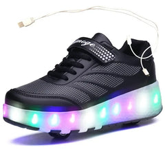 USB Charging Black Two Wheels Luminous Sneakers Led Light Roller Skate Shoes for Children