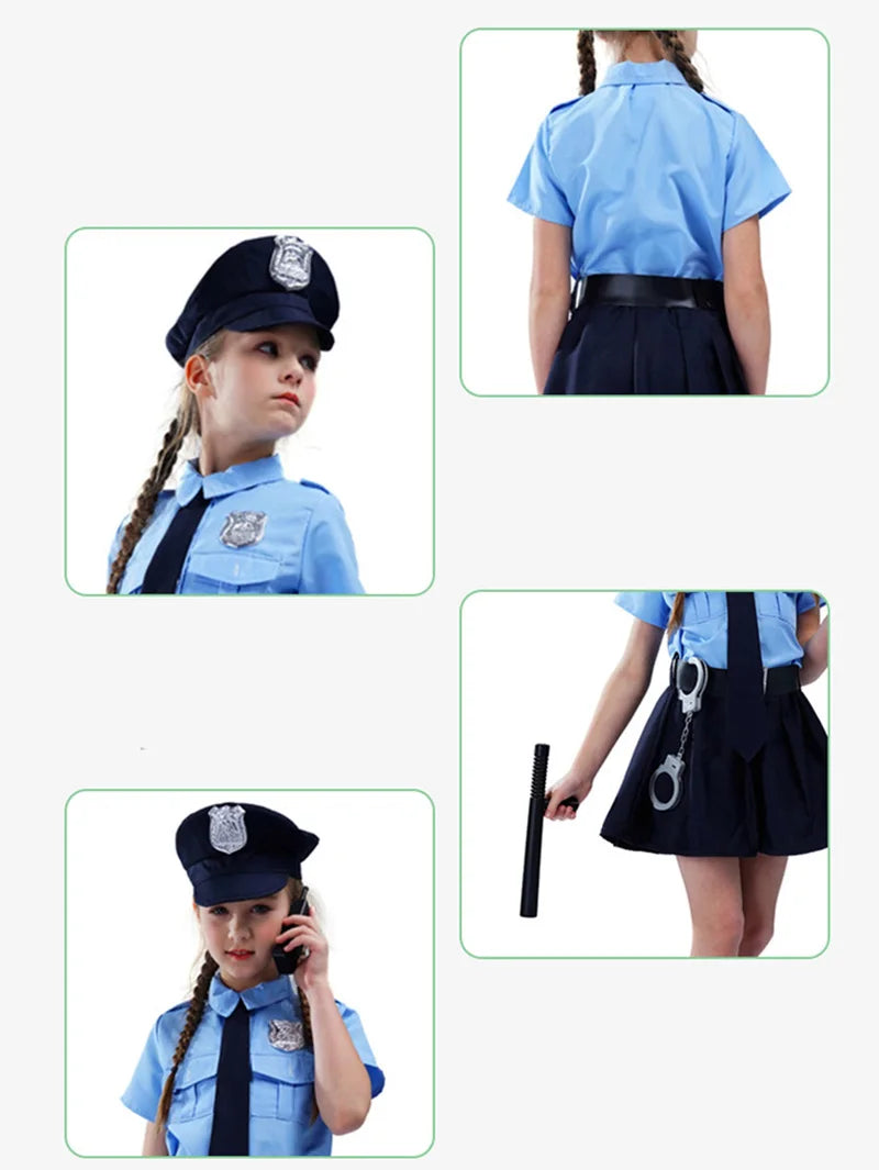 Gilrs Police Uniform Fantasia Cosplay Costume Child Halloween Party Dresses