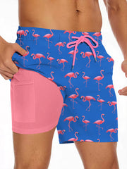 Men's Flamingos Digital Print Shorts, Casual, Double Layer Drawstring, Phone Pocket Design, Summer Beach Shorts