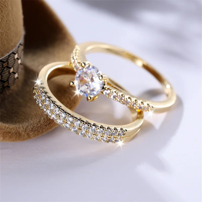 2pcs Female Round Gold Color White Zircon Stacking Couple Ring Set