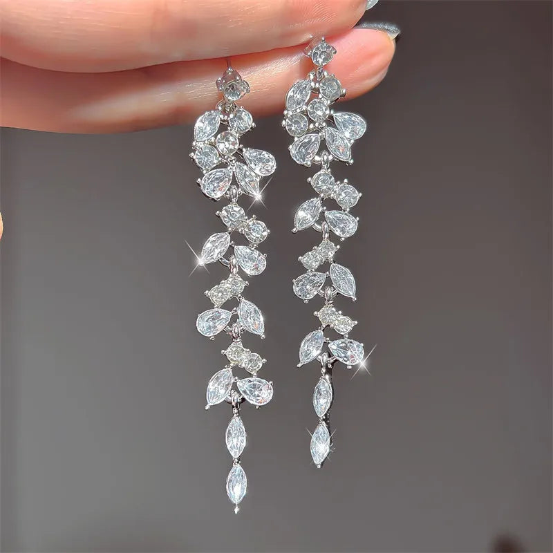 Sliver Maple Leaf Zircon Tassel Long Earrings For Women