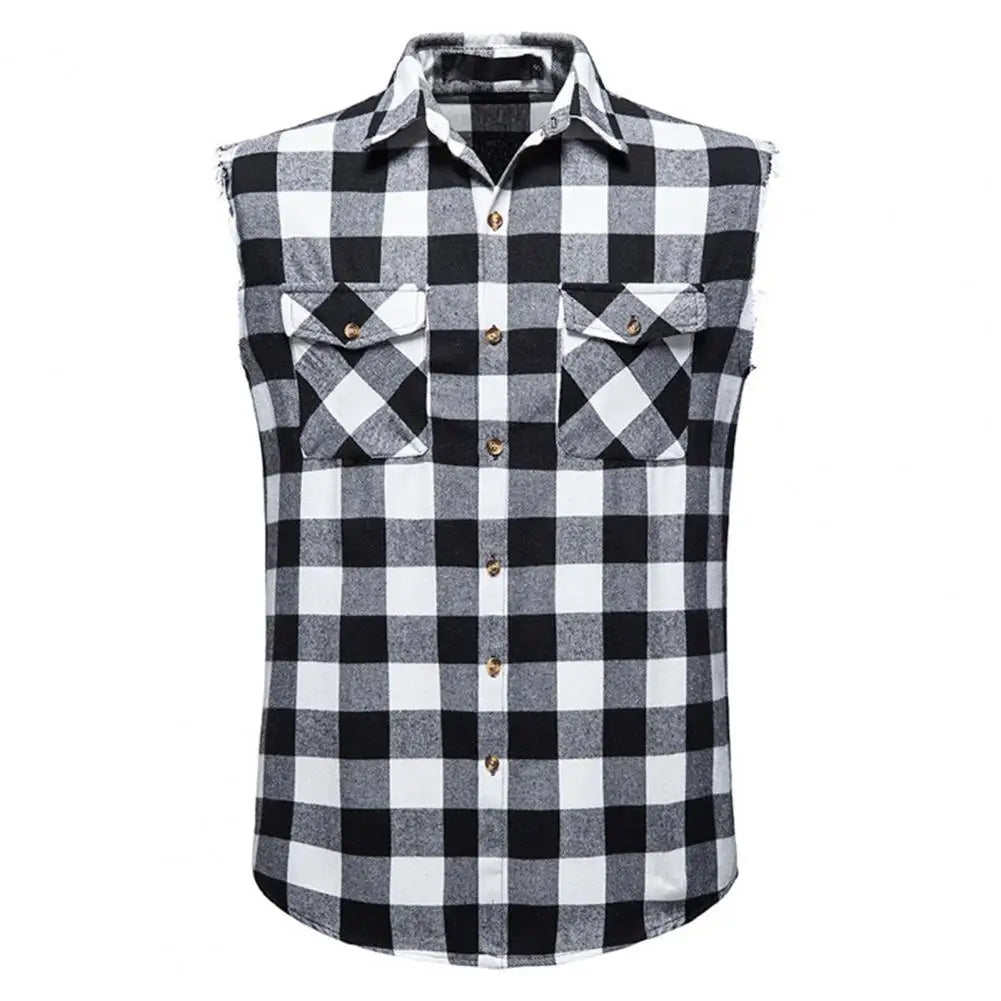 Lapel Sleeveless Flap Pockets Single-breasted Shirt Vest 3D Cutting Men Plaid Print Waistcoat Top Streetwear