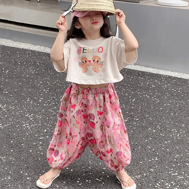 Girls T-Shirt+Lantern Pants 2Pcs Clothes Sets Kids Summer Cartoon Tops+Mosquito Prevention Trousers Suits