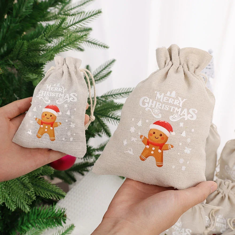 Burlap Christmas Bag Santa Claus Snowman Drawstring Candy Cookies Pouch Xmas