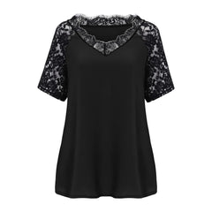 Plus Size Women Solid Floral Lace Shirts Short Sleeve Blouses For Women Ladies Lace Patchwork Summer T Shirt