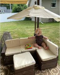 Wooden Outdoor Sectional Ottoman & Umbrella Set with Cushions Patio Furniture for Kids or Pets Bear Brown & Beige