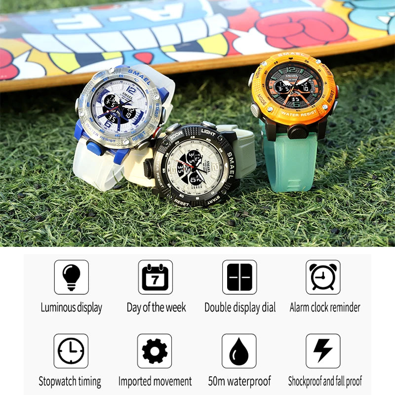 Sport Watches Waterproof SMAEL Male Clock Digital LED Display Quartz Analog Stopwatch