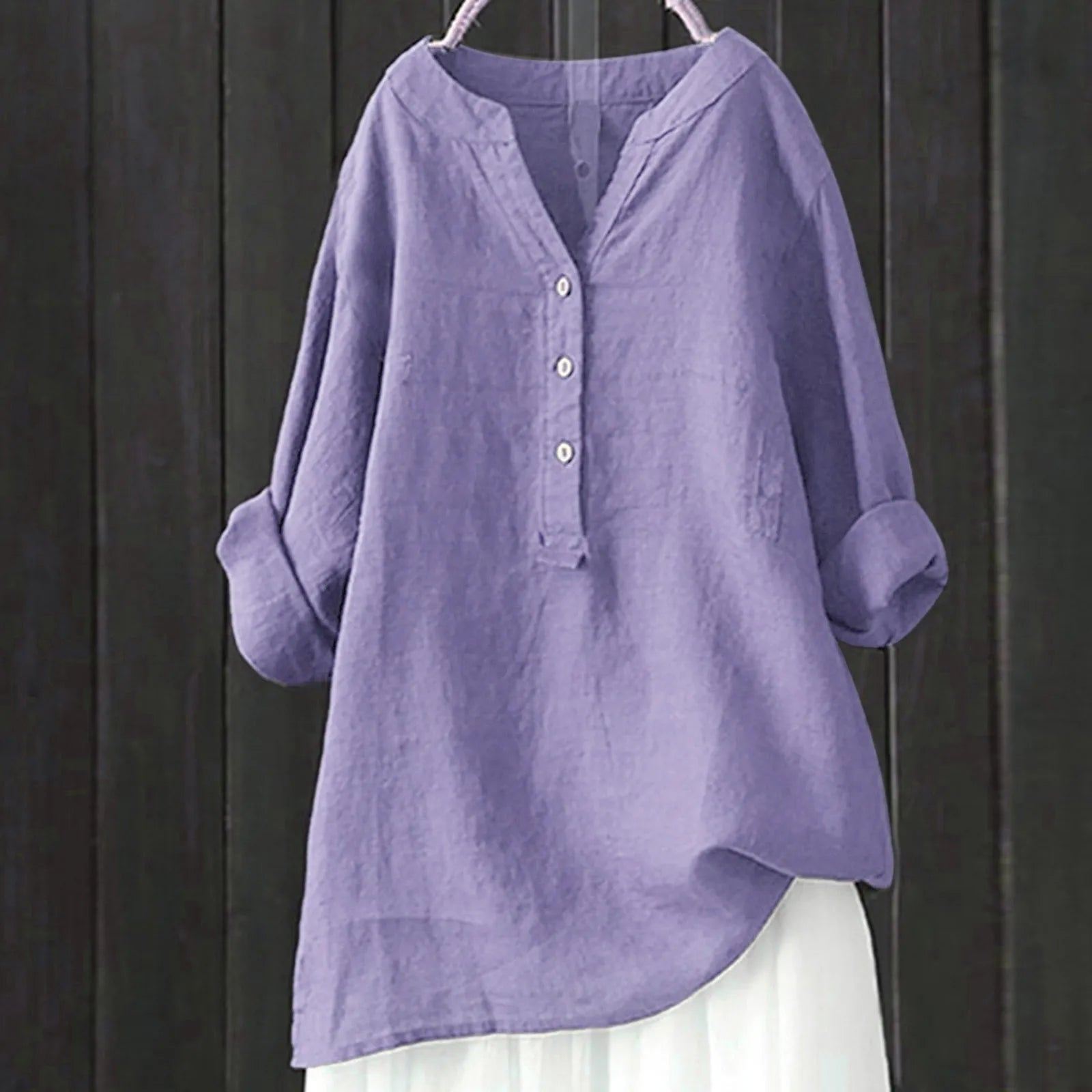 Cotton Linen Shirts Casual Loose Blouse Blended Oversize Long Sleeved V Neck Tops