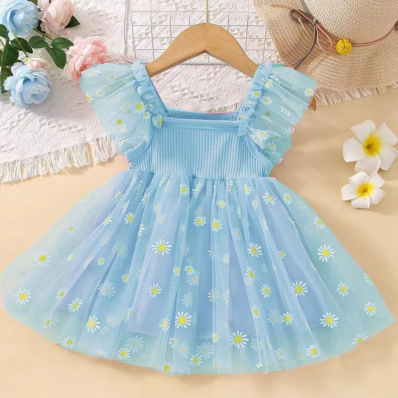 Daisy Flower Girls Birthday Dress Kid Children Clothing Petal Sleeves Party Christmas Knee Length Mesh