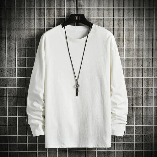 Harajuku Long Sleeve T Shirt Men Solid Color Cotton Soft O-Neck Basic Tops Tees