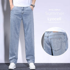 Summer Thin Lyocell Men's Loose Jeans Blue Gray Stretch Straight Ice Silk Fashionable Casual Comfortable Denim