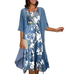 Elegant Geometric Print Half Sleeve Dresses Women Chiffon Shawl Two Piece Sets O Neck Pullover Dress