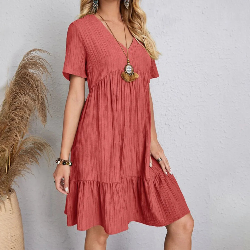 short sleeved waist tied flowing skirt wave wrinkled breathable wide pine hem V-neck dress