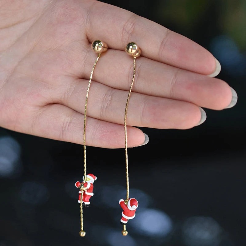 Asymmetric Snowflake Christmas Boot Hat Drop Earrings for Women Moving Santa Claus Long Tassel Earring