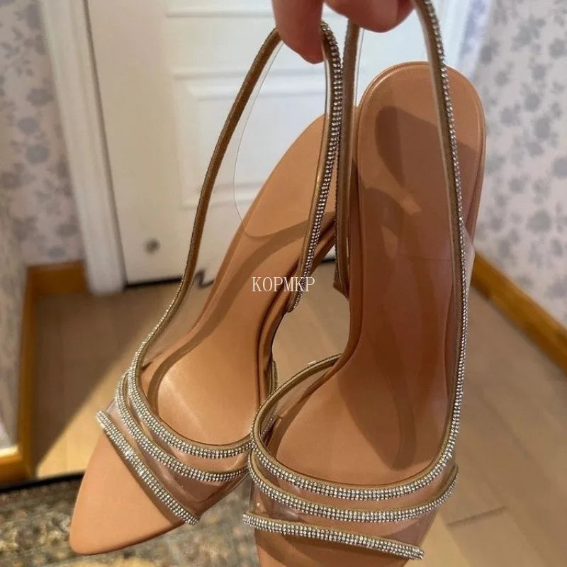 Women Summer Crystal Slingback Pumps Office Lady Transparent Heeled Sandals