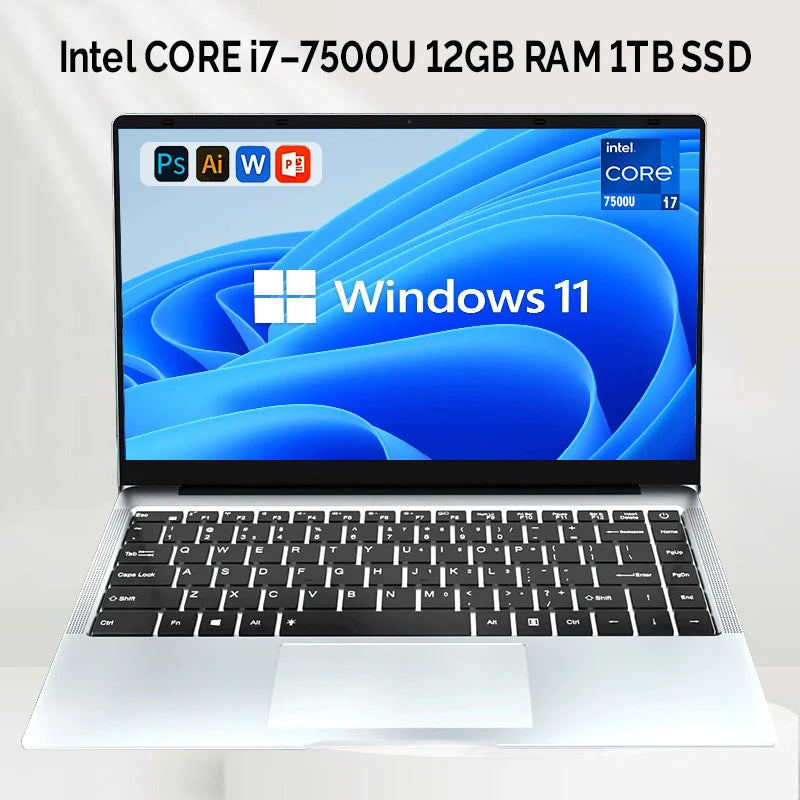 14.1" Windows 11 Laptop Computer Intel Core i7-7500U 12GB RAM 1TB 2TB SSD Notebook 1920*1080 Resolution Office Study PC Computer