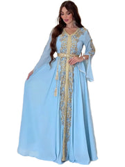 Eid al-Adha Arabian Dubai Embroidery Applique Dress Muslim Party Dinner Robe Abaya Elegant Evening Dress Long Sleeves Party Gown