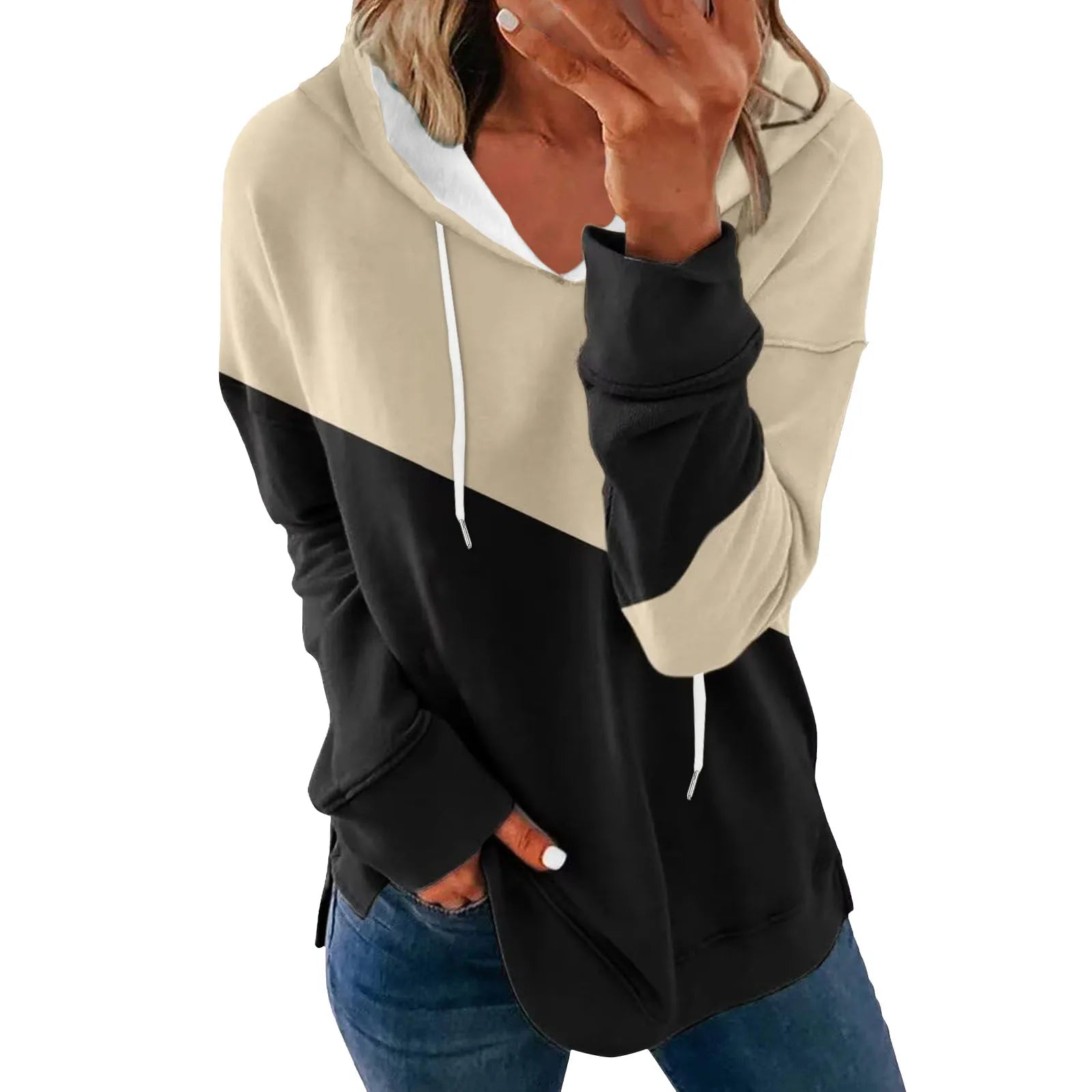 Fashion Color Matching Print Hooded Hoodie Woman Autumn Comfortable Loose Drawstring Long Sleeves Sports Pullover