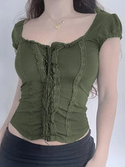 Green Lace Crop Top Trim Square Collar Short Sleeve T Shirt