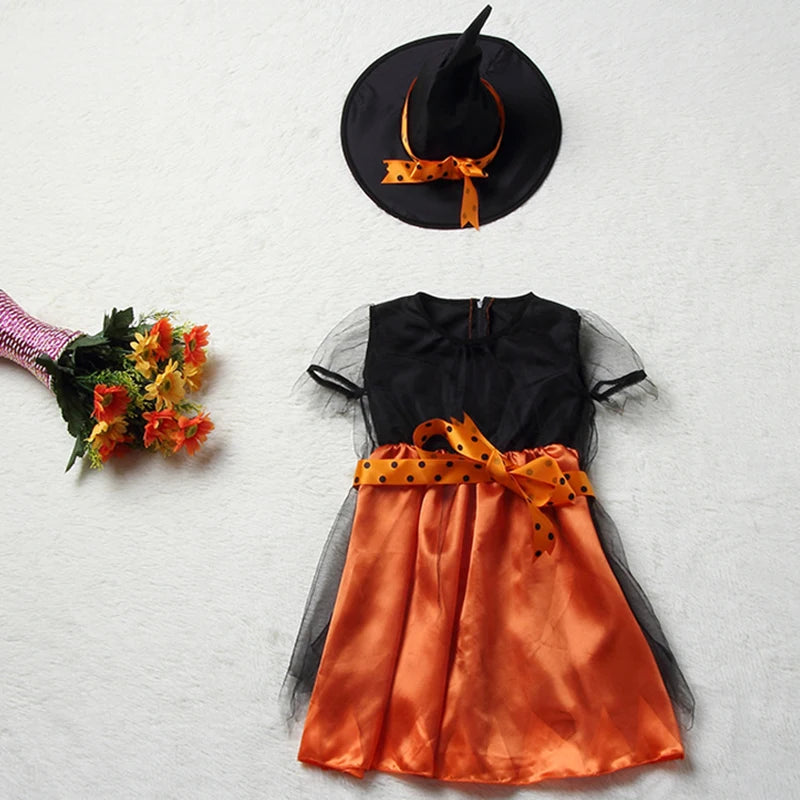 Girls Halloween Cosplay Kids Costume Children Gown Infant Witch Dress Clothing Set Hat Pumpkin Bag Pantyhose