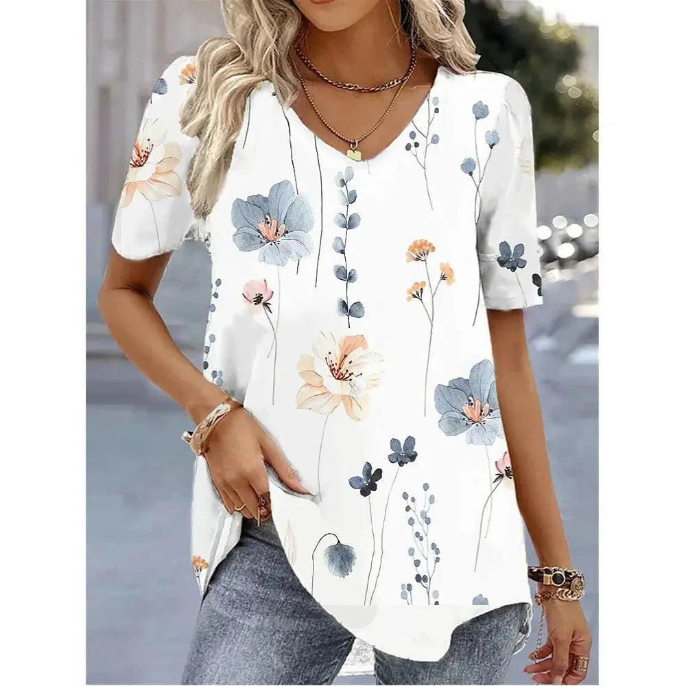 Women's T-Shirt Summer V-Neck Tee Loose Casual Top