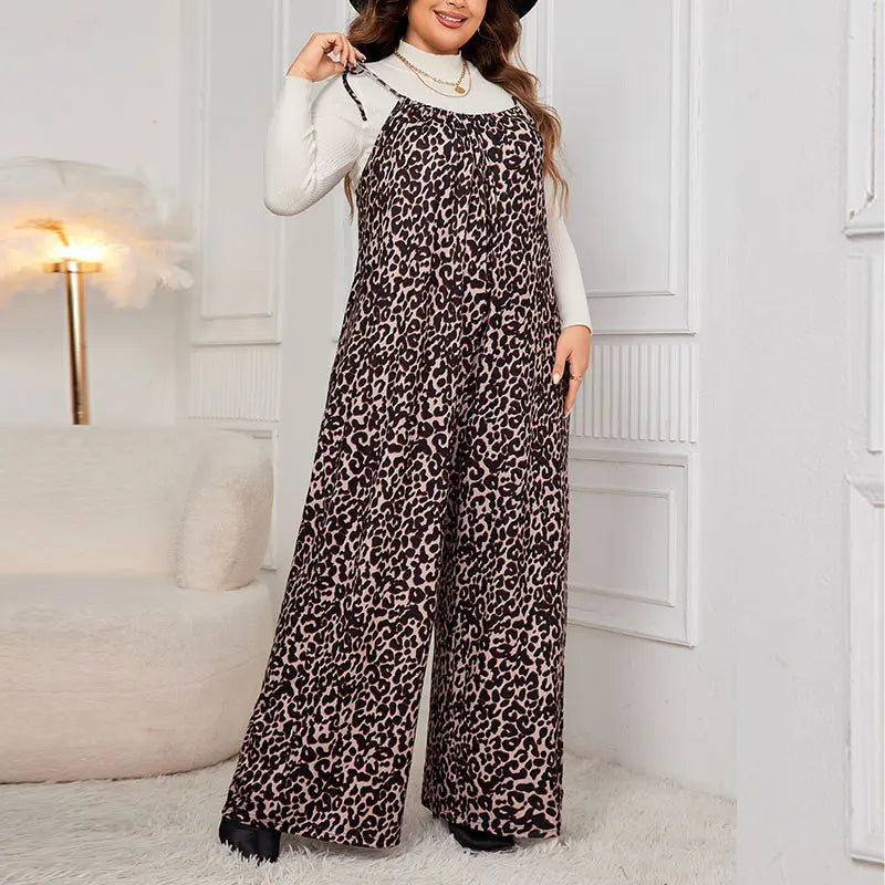 Plus Size Leopard Jumpsuits  Lace Up Strap Sleeveless Wide Leg Pants Fashion Loose Brown Overalls