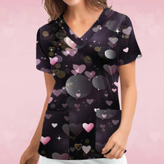 Short-sleeved Top For Nurses V-neck Women Valentine's Day Love Print Uniform Casual Women's Blouse