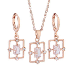 New Trend Luxury Necklaces And Earrings Set Rose Gold Color Simple Rectangle Geometry Zircon Wedding Elegant Jewelry Sets